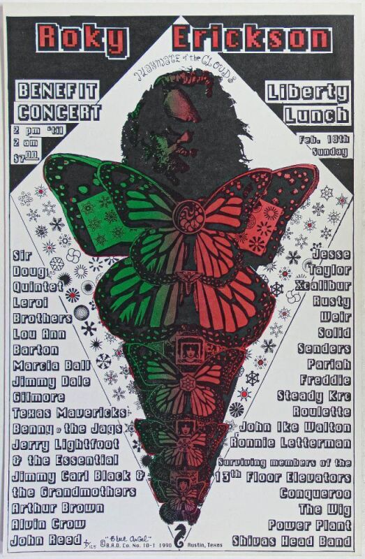 1990 Roky Erickson Benefit Concert Sir Douglas Quintet Arthur Brown Liberty Lunch Austin Poster Near Mint 89