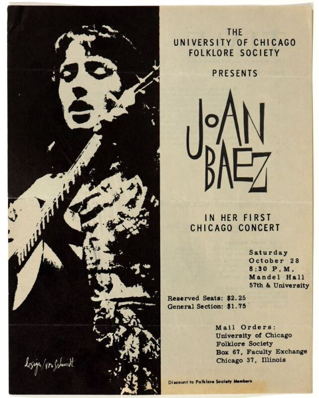 1961 Joan Baez University of Chicago Mandel Hall Handbill Extra Fine 69