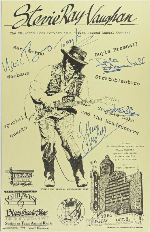 1991 In Honor Of Stevie Ray Vaughan Texas Blues Club Signed Poster Near Mint 81