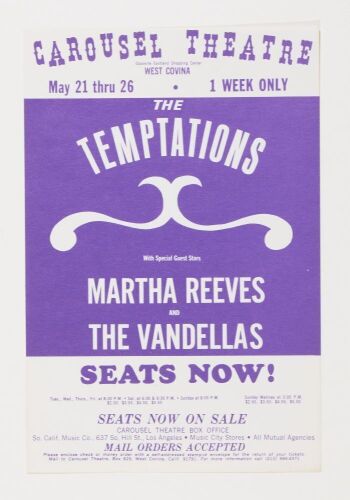 1968 The Temptations Martha Reeves The Vandellas Carousel Theatre West Covina Handbill Mint 93