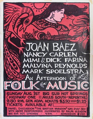 1964 Joan Baez Mimi Farina An Afternoon of Folk Music Big Sur Hot Springs Poster Extra Fine 60