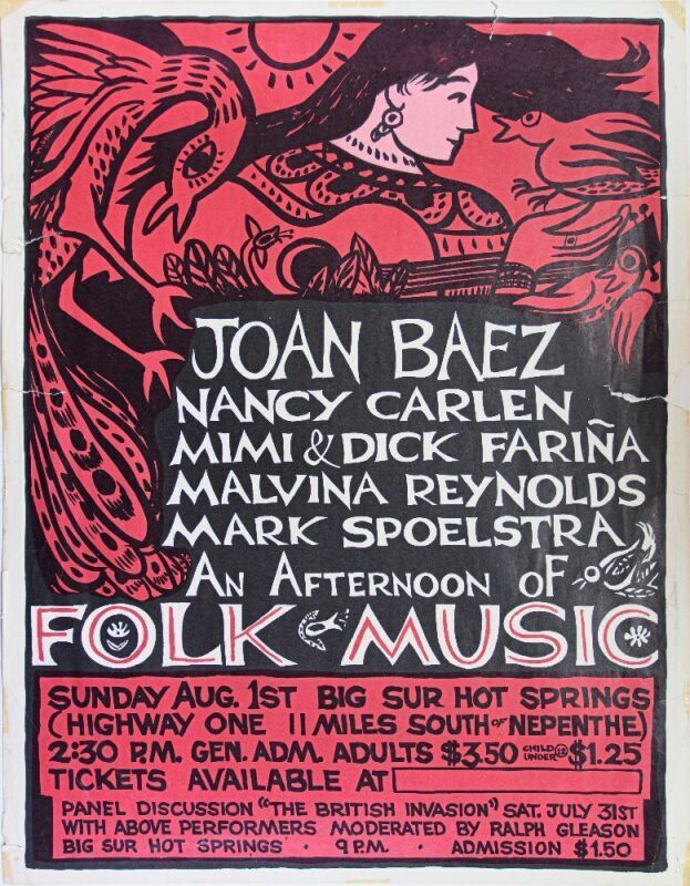 1964 Joan Baez Mimi Farina An Afternoon of Folk Music Big Sur Hot Springs Poster Extra Fine 60