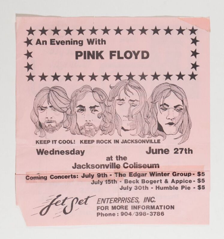 1973 Pink Floyd Jeff Beck Edgar Winter Jacksonville Coliseum Flyer Extra Fine 63