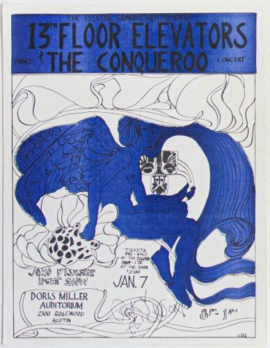 1967 VG-I The 13th Floor Elevators The Doris Miller Auditorium Austin Signed Roky Erickson Handbill Near Mint 87