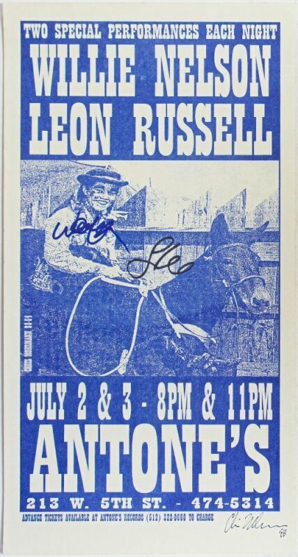 1998 Willie Nelson Leon Russell Antone's Austin Signed Nelson & Russell & Mohrmann Poster Near Mint 89