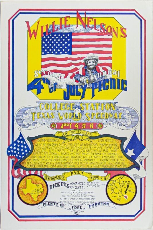 1974 The 2nd Annual Willie Nelson 4th of July Picnic College Station Texas World Speedway Poster Excellent 79