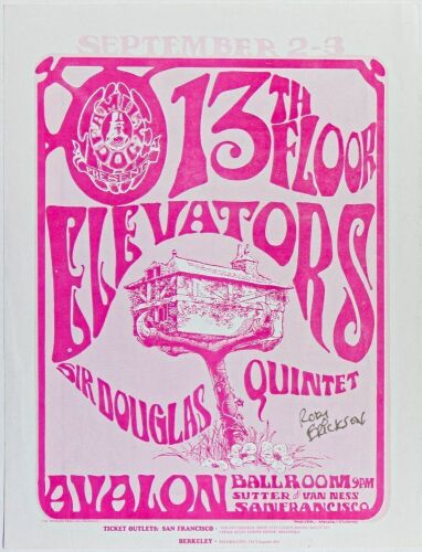 1966 FD-24 The 13th Floor Elevators Sir Douglas Quintet Avalon Ballroom Signed Erickson Handbill Near Mint 85