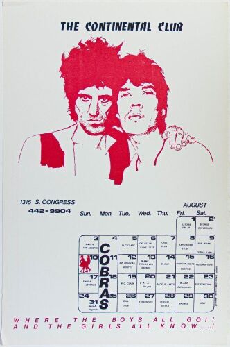 1980 The Cobras WC Clark The Continental Club August Calendar Poster Excellent 79