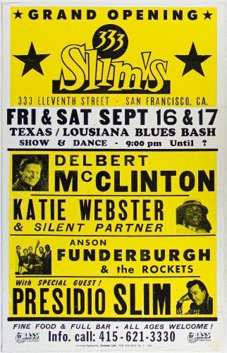 1988 Slim's Grand Opening Delbert McClinton Katie Webster & Silent Partner Slim's San Francisco Cardboard Poster Extra Fine 67