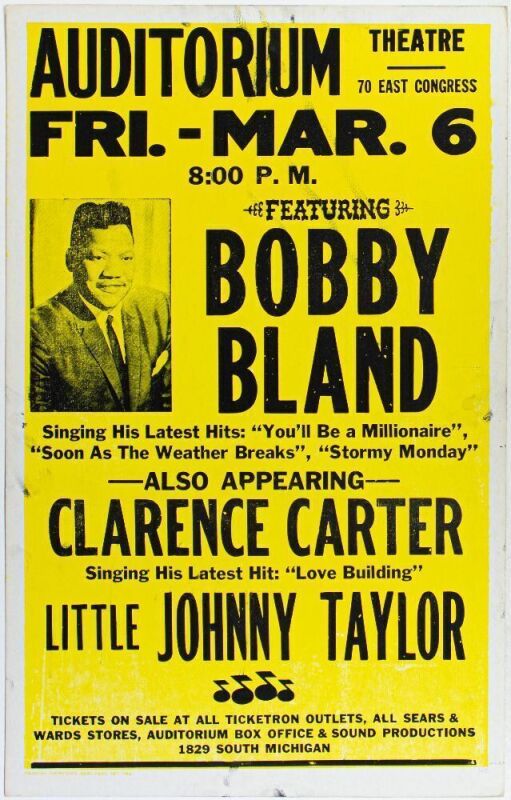1981 Bobby Blue Bland Clarence Carter The Auditorium Theatre Chicago Cardboard Poster Excellent 75