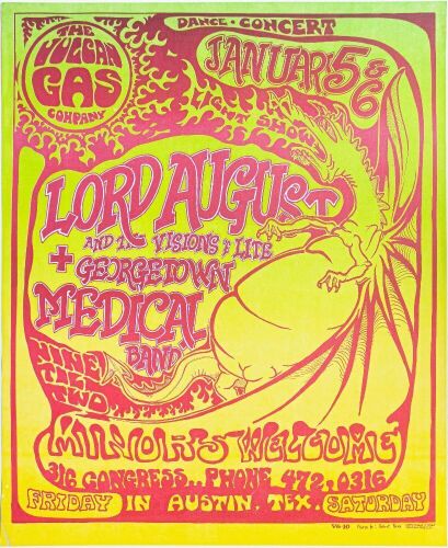 1968 VG-10 Robert Rush Lord August The Georgetown Medical Band Vulcan Gas Company Austin Poster Excellent 79