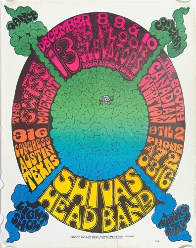 1967 VG-7 Gilbert Shelton The 13th Floor Elevators Shiva's Headband Vulcan Gas Company Austin Poster Extra Fine 61