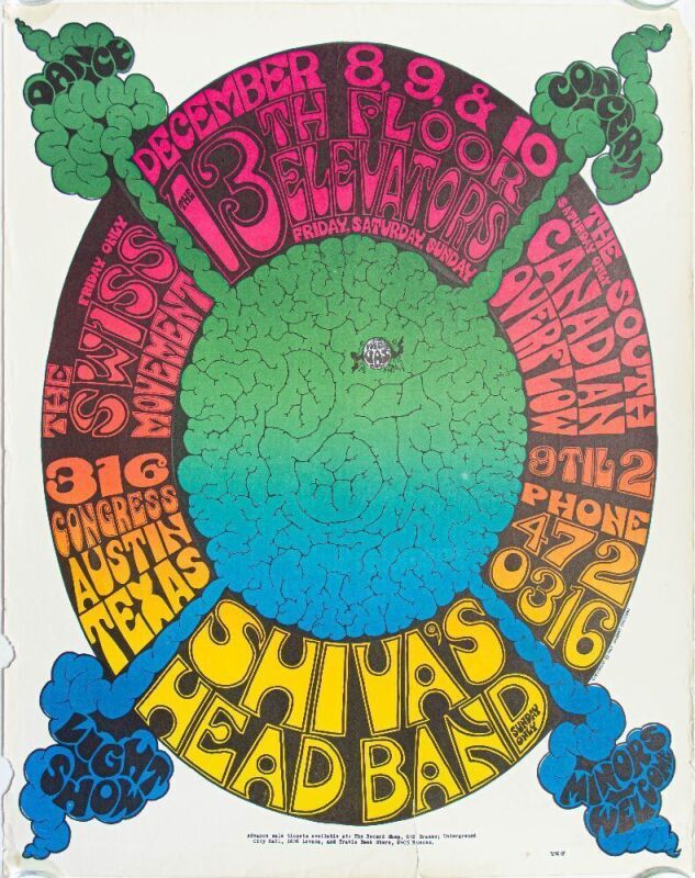 1967 VG-7 Gilbert Shelton The 13th Floor Elevators Shiva's Headband Vulcan Gas Company Austin Poster Extra Fine 61