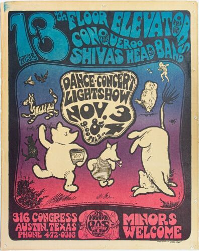 1967 VG-2 Gilbert Shelton The 13th Floor Elevators Conqueroo Vulcan Gas Company Austin Poster Extra Fine 65