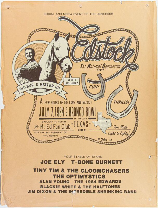 1984 Joe Ely T-Bone Burnett Tiny Tim & the Gloomchasers Edstock The Bronco Bowl Dallas Poster Extra Fine 61