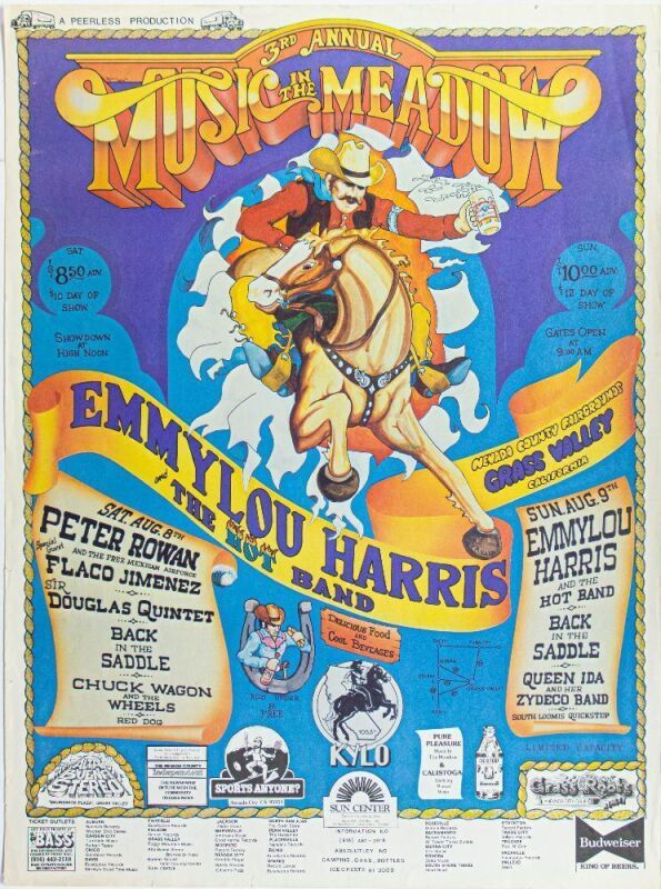 1981 Peter Rowan Sir Douglas Quintet Emmylou Harris Music in the Meadow The Nevada Country Fairgrounds Poster Extra Fine 69