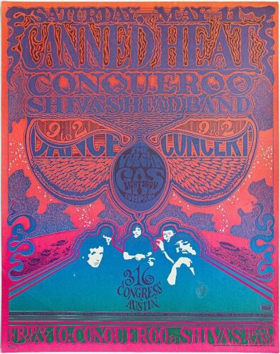 1968 VG-21 Gilbert Shelton Canned Heat Conqueroo Vulcan Gas Company Austin Poster Excellent 75