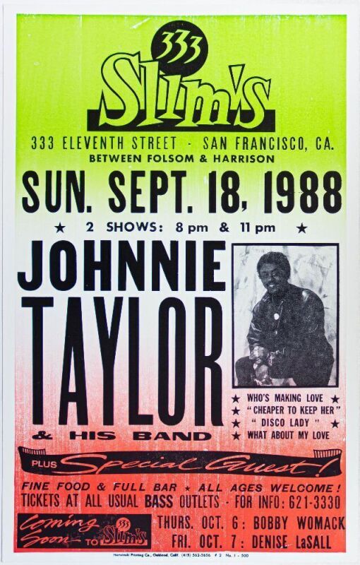 1988 Johnnie Taylor & His Band 333 Slim's San Francisco Cardboard Poster Near Mint 87