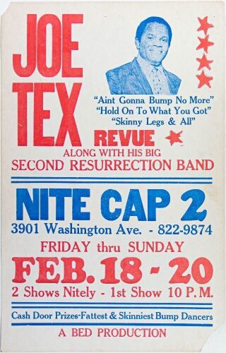 1977 Joe Tex Revue & His Second Resurrection Band The Nite Cap 2 Cardboard Poster Extra Fine 69