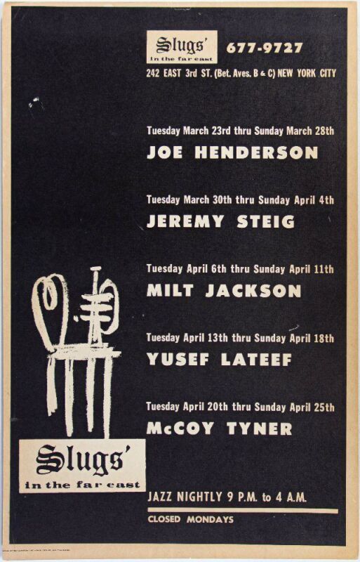 1970 Joe Henderson Jeremy Steig Milt Jackson Slug's Jazz Club NYC Spring Calendar Cardboard Poster Extra Fine 67