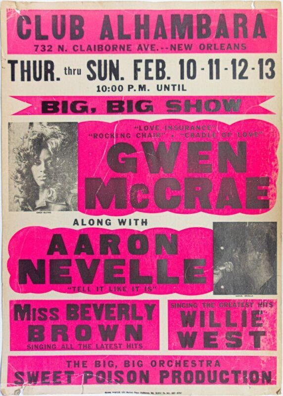 1977 Aaron Neville Gwen McCrae The Club Alhambara New Orleans Globe Cardboard Poster Extra Fine 61