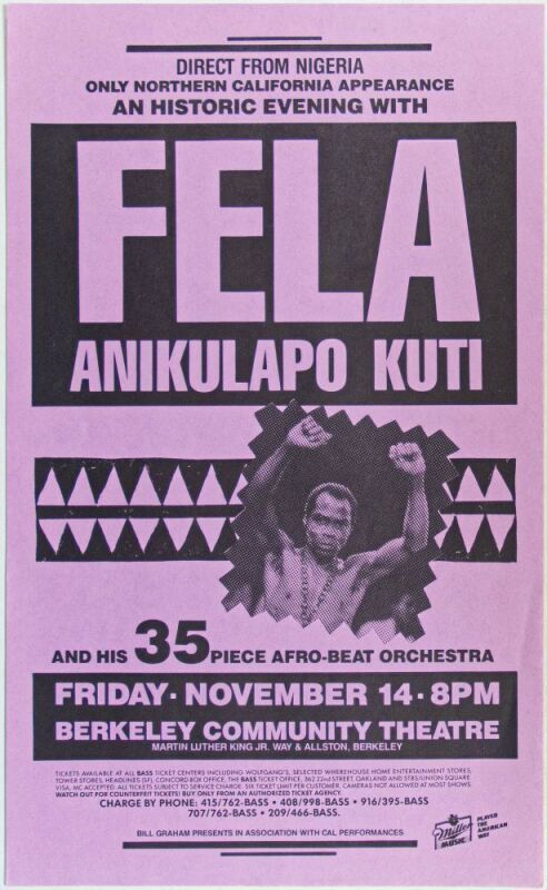1986 Fela Anikulapo Kuti & His 35 Piece Afro-Beat Orchestra The Berkeley Community Theatre Flyer Near Mint 87