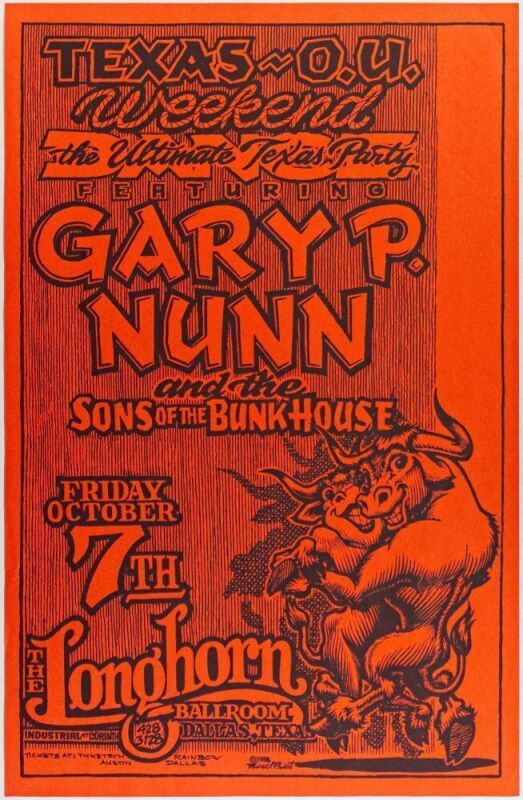 1988 Micael Priest Gary P. Nunn & The Sons of the Bunk House The Longhorn Ballroom Dallas Poster Near Mint 87