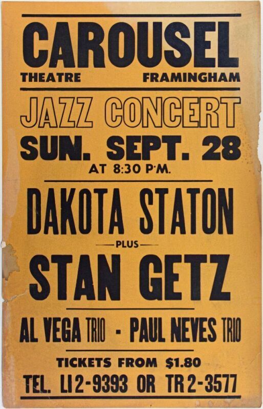 1958 Dakota Staton Stan Getz The Carousel Theatre Framingham Cardboard Poster Fine 59