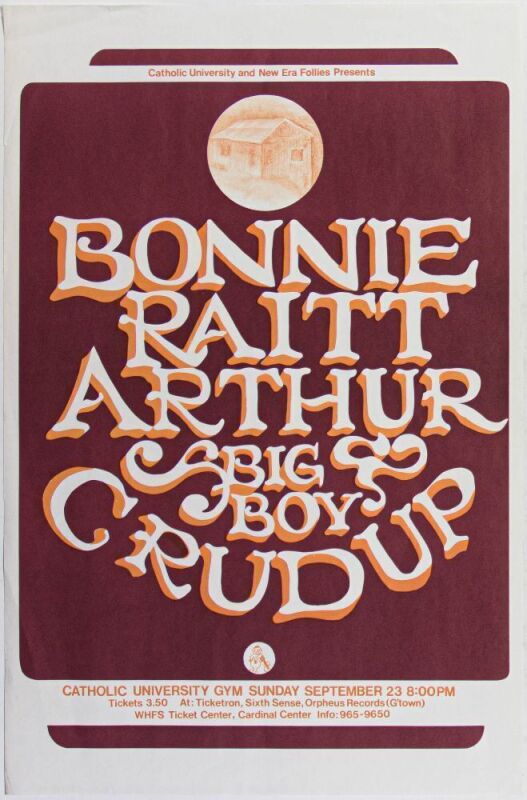 1973 Bonnie Raitt Arthur Crudup The Catholic University of America Washington DC Poster Excellent 79