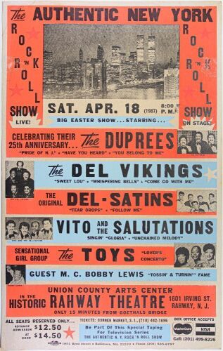 1987 The Duprees The Del Vikings The Del Satins The Union County Arts Center Rahway Theatre Globe Cardboard Poster Excellent 73