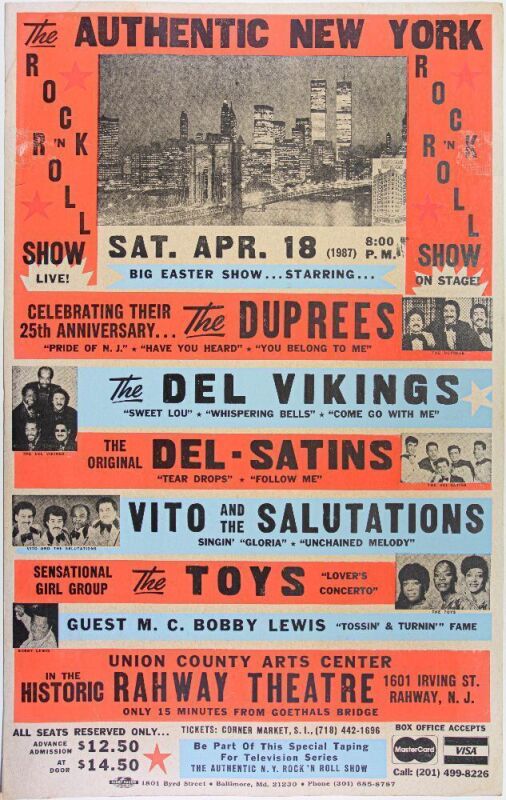 1987 The Duprees The Del Vikings The Del Satins The Union County Arts Center Rahway Theatre Globe Cardboard Poster Excellent 73