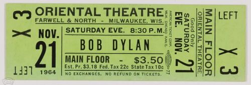 1964 Bob Dylan Oriental Theatre Unused Concert Ticket Mint 95