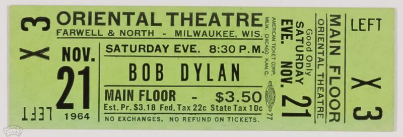 1964 Bob Dylan Oriental Theatre Unused Concert Ticket Mint 95
