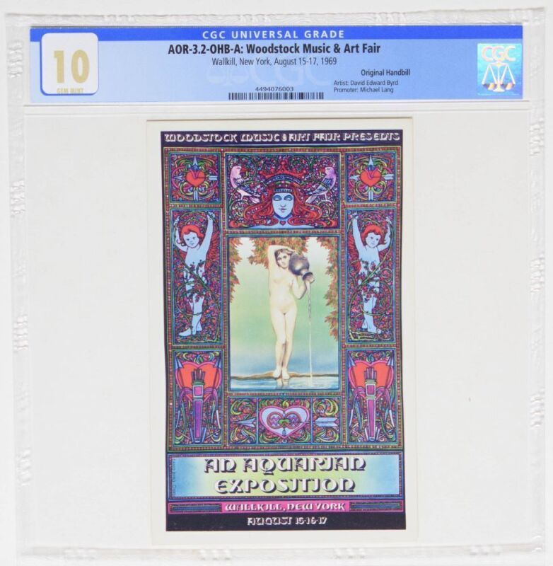 1969 AOR-3.2 David Byrd Woodstock Festival Wallkill New York Handbill CGC 10