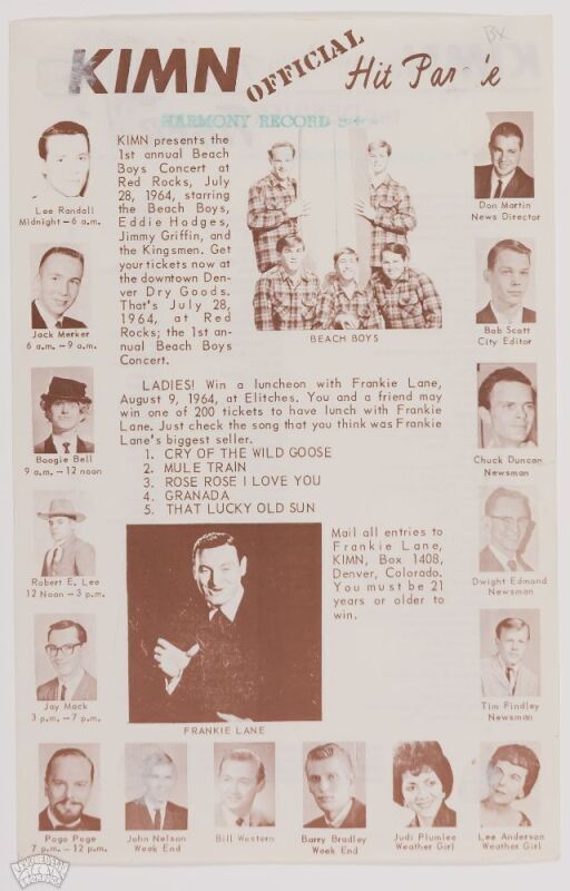 1964 The Beach Boys The Kingsmen Red Rocks Amphitheater KIMN Denver Radio Survey Flyer Excellent 73