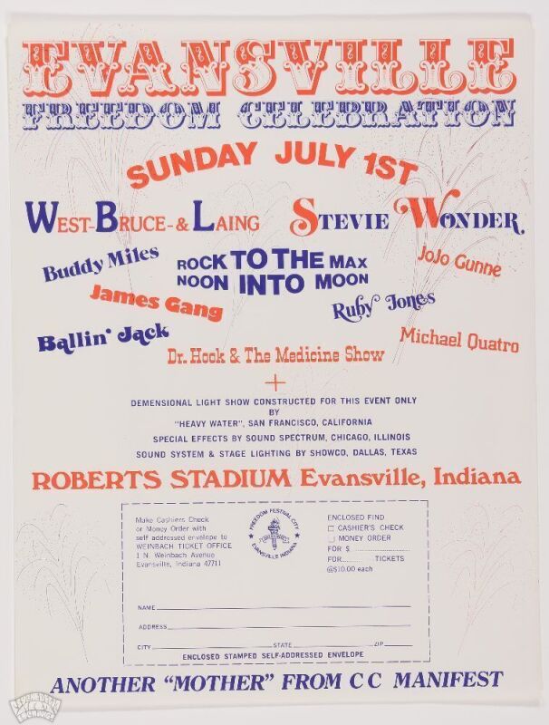 1973 Stevie Wonder West Bruce & Laing The James Gang Buddy Miles Roberts Stadium Evansville Ticket Order Form Handbill Near Mint 87