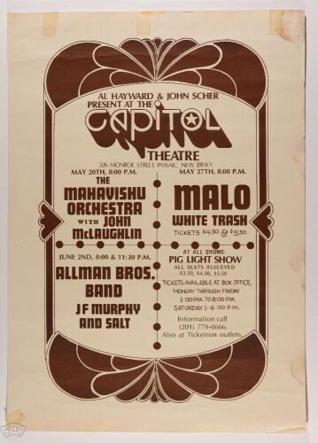 1972 Allman Brothers Band Mahavishnu Orchestra Malo The Capitol Theatre Passaic Box Office Poster Extra Fine 69