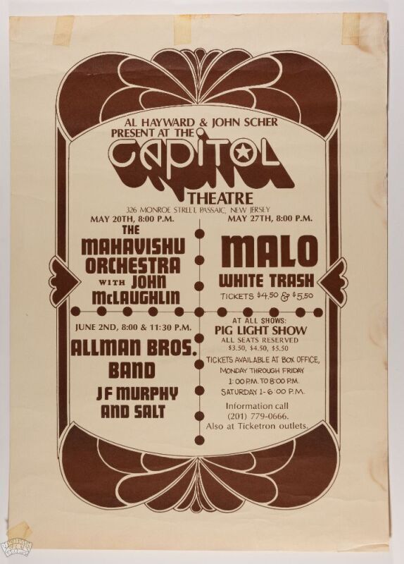 1972 Allman Brothers Band Mahavishnu Orchestra Malo The Capitol Theatre Passaic Box Office Poster Extra Fine 69