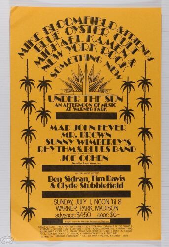 1973 Mike Bloomfield Blue Oyster Cult Warner Park Madison Poster Excellent 77
