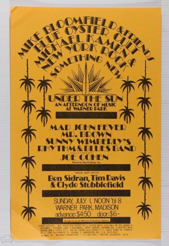 1973 Mike Bloomfield Blue Oyster Cult Warner Park Madison Poster Excellent 77