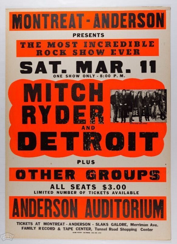 1967 Mitch Ryder & Detroit Wheels The Anderson Auditorium Montreat Globe Cardboard Poster Excellent 79