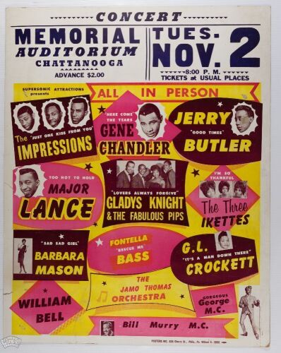 1965 Gladys Knight & The Pips The Impressions Gene Chandler Jerry Butler Chattanooga Memorial Auditorium Cardboard Poster Extra Fine 65