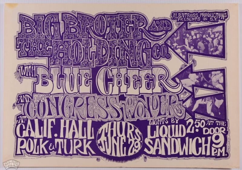 1967 Big Brother Janis Joplin Blue Cheer Congress of Wonders California Hall Poster Excellent 71
