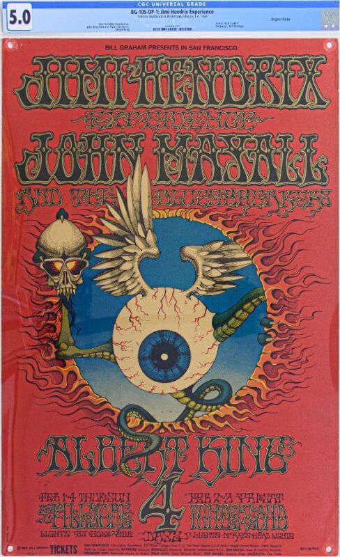 1968 BG-105 Jimi Hendrix Winterland & Fillmore Auditorium First Printing Poster CGC 5.0