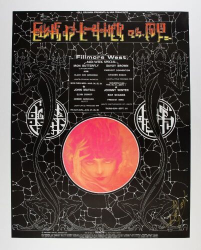 1970 BG-247 Iron Butterfly John Mayall Johnny Winter Fillmore West Signed Kelley Poster Near Mint 89
