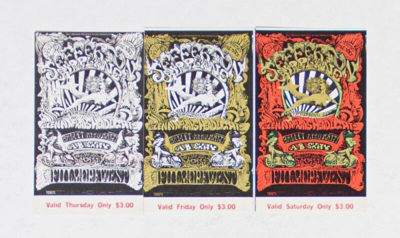 1968 BG-142 Jefferson Airplane Fillmore West Complete Set of 3 Original Tickets Near Mint 83