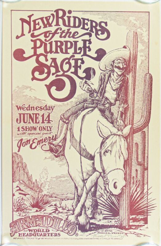 1978 New Riders of the Purple Sage Armadillo World Headquarters Signed Micael Priest Poster Near Mint 83
