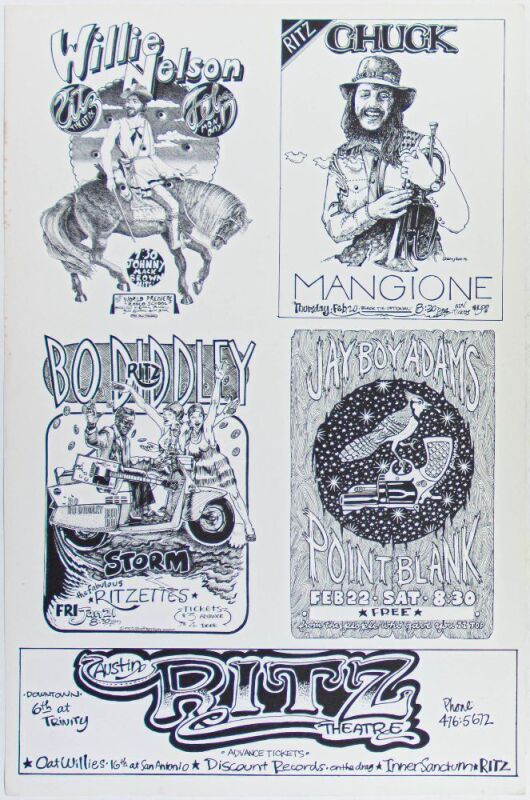 1975 Willie Nelson Chuck Mangione Bo Diddley The Ritz Austin Excellent 79