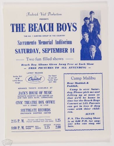 1963 Beach Boys Sacramento Memorial Auditorium Handbill Mint 93
