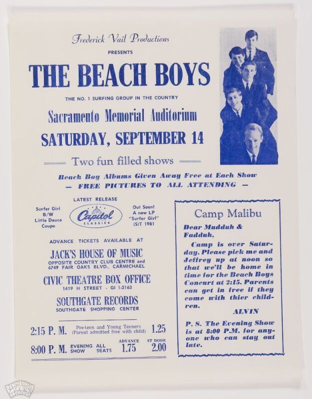 1963 Beach Boys Sacramento Memorial Auditorium Handbill Mint 93
